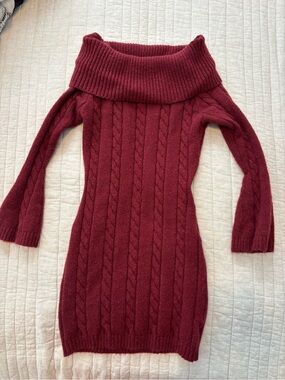 SHEIN Burgundy Off-the-Shoulder Cable Knit Sweater Dress